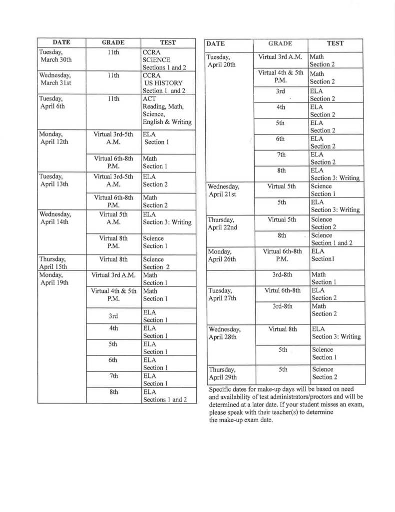 2021 STATE TEST SCHEDULE PAGE 2